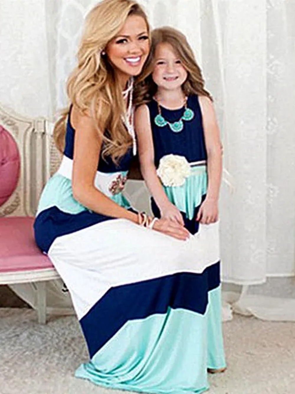 Navy and Mint Mommy and Me Floral Maxi Dresses